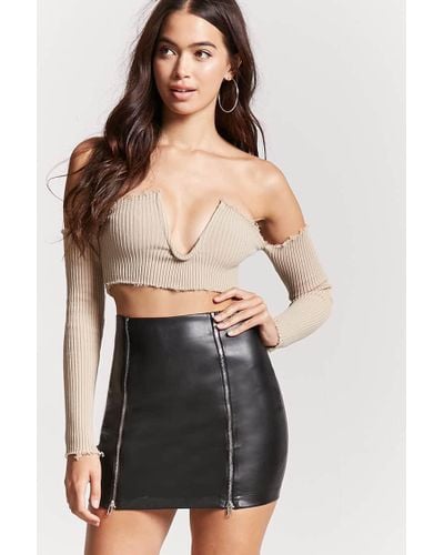 New Forever 21 Mini Skirt Size M Brown Faux Leather Look Back Zipper Casual