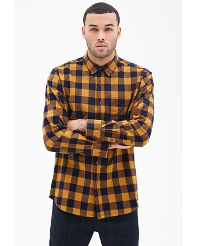 mens navy and mustard plaid shirt
