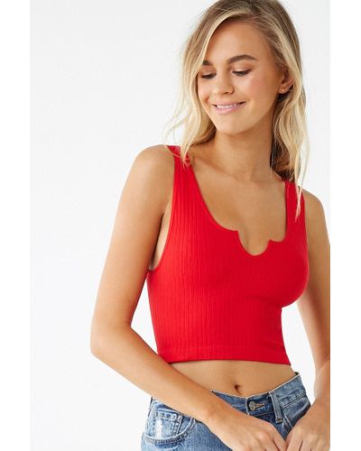Forever 21 Synthetic Seamless Ribbed Split-neck Crop Top in Red - Lyst