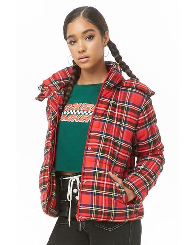 red plaid puffer jacket