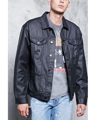 Forever 21 Distressed Waxed Denim Jacket in Black for Men - Lyst