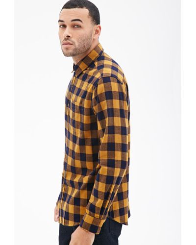 mens navy and mustard plaid shirt