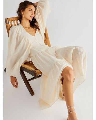Free People Mila Plunged Tiered Midi Dress in Natural | Lyst