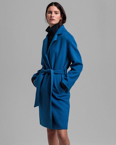 GANT Wool Blend Belted Coat in Blue - Lyst