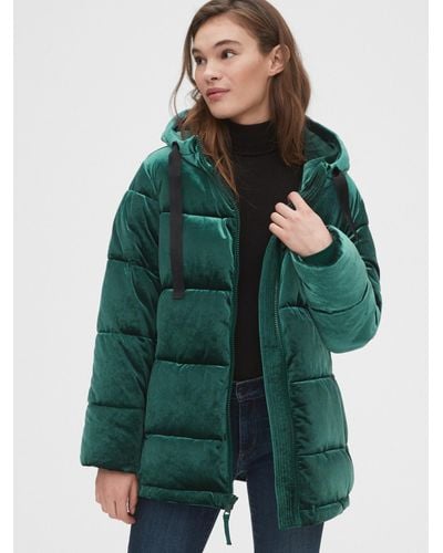 Gap Coldcontrol Max Hooded Velvet Puffer Jacket in Green - Lyst