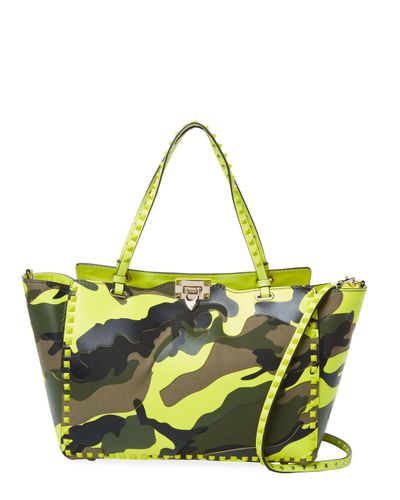 Valentino Rockstud Camouflage Leather Tote in Yellow | Lyst