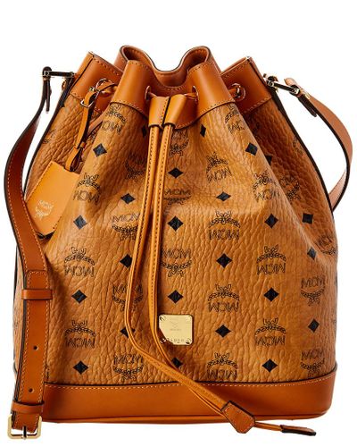 MCM Heritage Visetos & Leather Drawstring Bucket Bag in Brown - Lyst