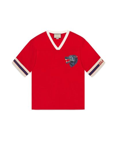 Gucci Cotton Stripe T-shirt With Wolf Head in Red for Men | Lyst