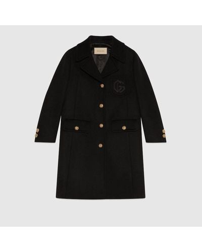 Gucci Double G Embroidery Wool Coat - Black