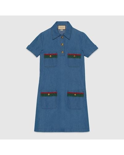 Gucci Vestido de Denim con Detalle de Tribanda Web - Azul