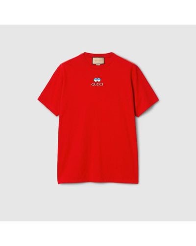Gucci Camiseta de Punto de Algodón con Bordado - Rojo