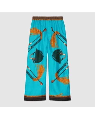 Gucci Pantalón de Sarga de Seda con Motivo Ecuestre - Azul