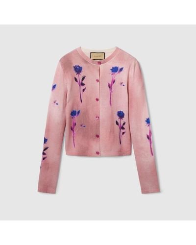 Gucci Floral Print Fine Wool Silk Cardigan - Pink