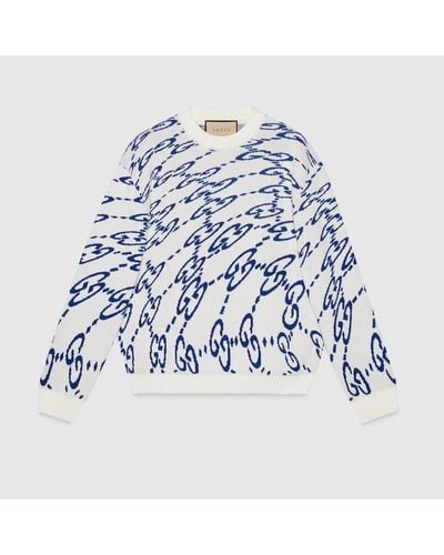 Gucci Pullover Aus Baumwolle Mit Wellenförmigem GG - Blau