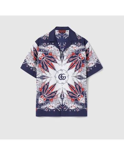 Gucci Camicia In Cotone Con Stampa Bandana E Doppia G - Blu