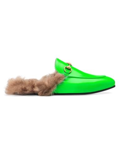 Gucci Men's Princetown Fur-lined Fluorescent Leather Slippers - Green