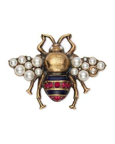 Gucci Bienen-Brosche mit Kristallen und Perlen - Mettallic