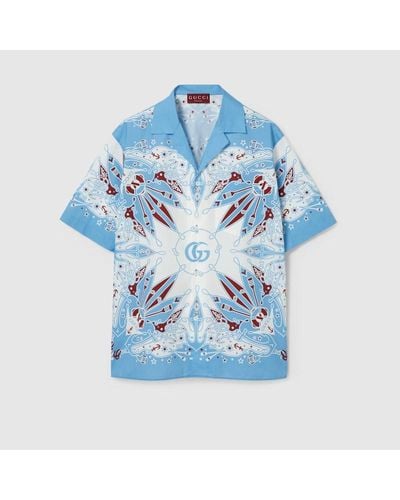 Gucci Camicia In Cotone Con Stampa Bandana E Doppia G - Blu