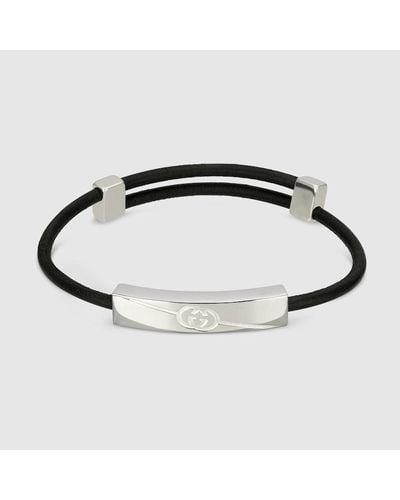 Gucci Diagonal Engraved-interlocking G Sterling And Leather Bracelet - Metallic
