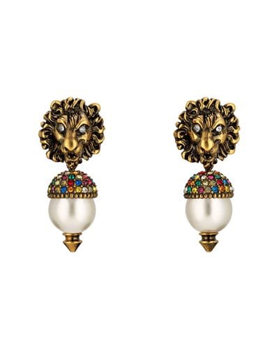 Gucci Orecchini a testa di leone con perla - Multicolore