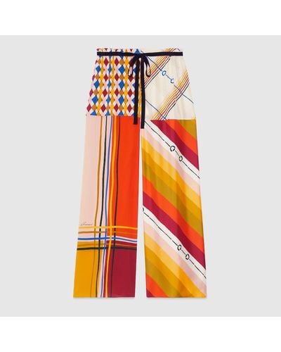 Gucci Heritage Patchwork Print Silk Trousers - Orange