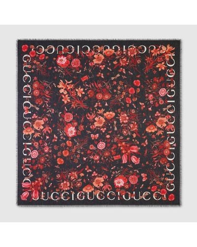 Gucci Schultertuch Mit Blumen-Print - Rot