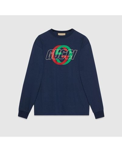 Gucci Langärmliges T-Shirt Aus Baumwolljersey - Blau