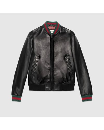 Gucci Jacke aus Leder mit Webstreifen - Schwarz