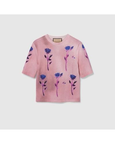 Gucci Top de Seda y Lana Finas con Estampado Floral - Rosa