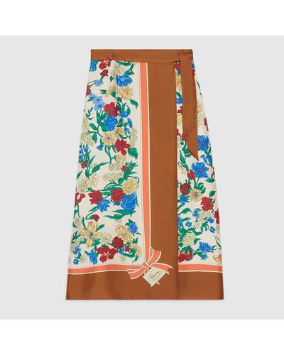 Gucci Floral Print Silk Wrap Skirt - Blue