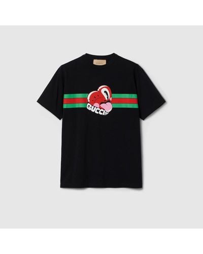 Gucci Camiseta de Algodón y Estampado - Negro