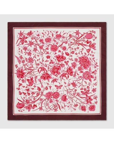 Gucci Floral Print Silk Scarf - Red