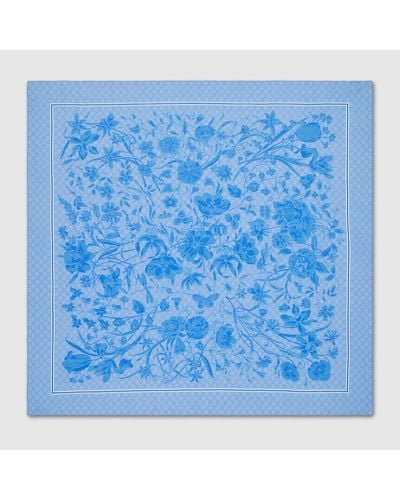 Gucci Halstuch Aus Seide Und Baumwolle Mit GG Blumen-Print - Blau