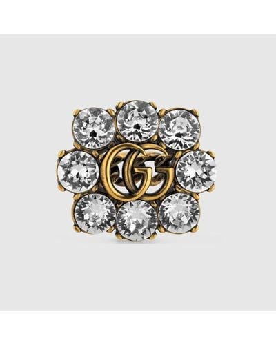 Gucci Anello con doppia g e cristalli - Bianco