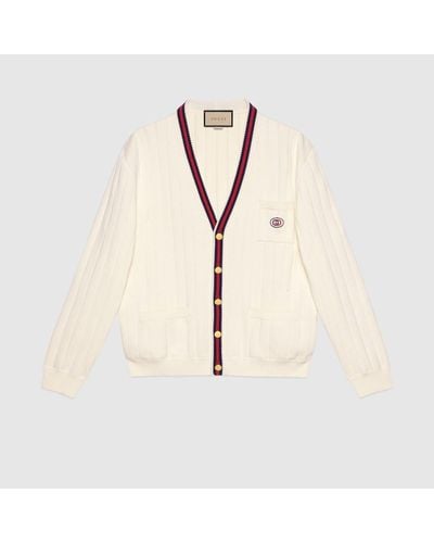 Gucci Knit Cotton V-neck Cardigan With Web - Natural