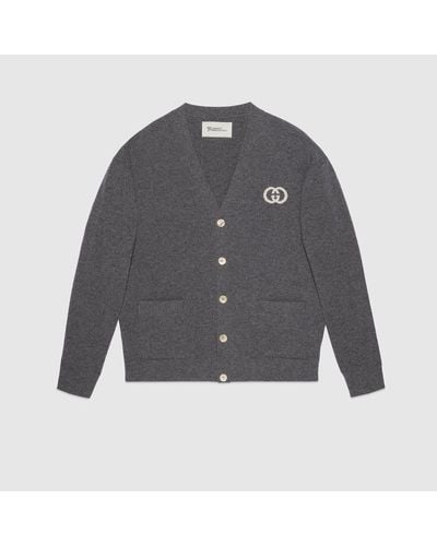 Gucci Knit Wool Cardigan With Interlocking G - Grey
