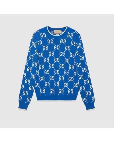 Gucci Pull En Intarsia Coton GG - Bleu