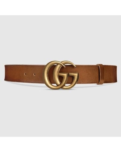 Gucci Cinturón de Piel con Hebilla de Doble G - Marrón
