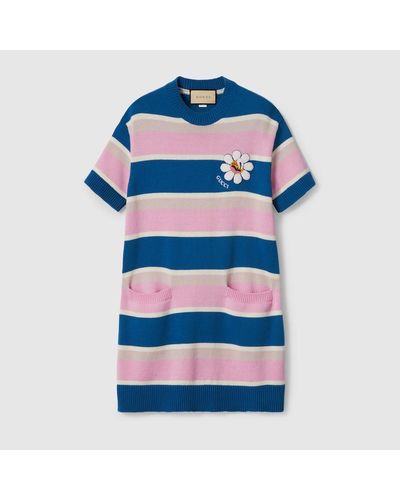 Gucci Striped Cotton Wool Dress With Patch - Blue