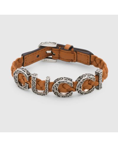Gucci Bracelet En Cuir Garden Avec Logo En Argent - Marron