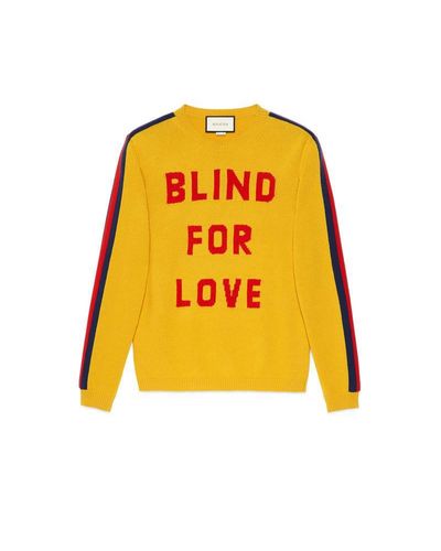 Gucci Maglione in lana con lupo e "Blind for Love" - Giallo
