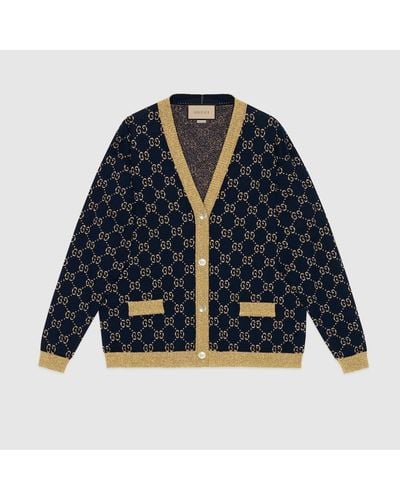 Gucci Monogram-pattern Ribbed-trim Cotton-blend Knitted Cardigan - Blue