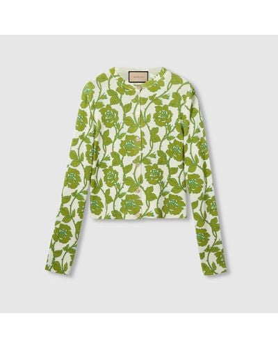 Gucci Cardigan Aus Feiner Wolle Und Seide Mit Blumen-Print - Grün