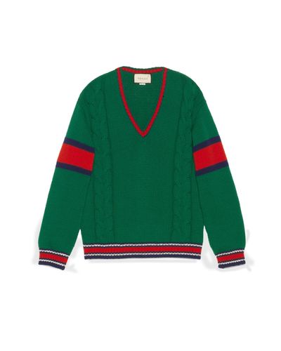 Gucci Cable Knit V-neck Sweater - Green