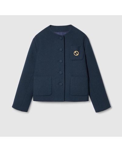 Gucci Cotton Tweed Jacket With Brooch - Blue