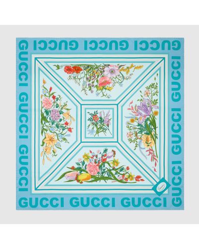 Gucci Halstuch Aus Seide Mit Blumen-Print - Blau