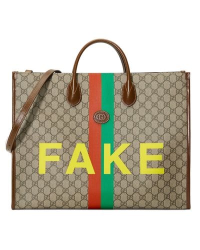 Gucci Großer Shopper mit "Fake/Not" Print - Natur