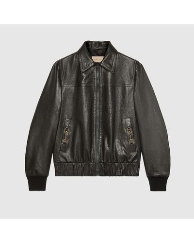 Gucci Leather Bomber Jacket - Grey