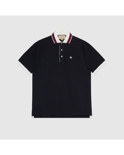 Gucci Stripe-collar Short-sleeve Stretch-cotton Piqué Polo Shirt - Blue