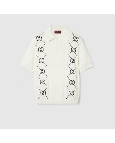 Gucci Cotton Knit Polo Top With GG Intarsia - Natural